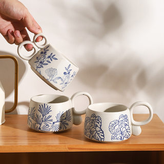 粗陶咖啡杯日式创意青花釉下彩陶瓷水杯子情侣办公室早餐水杯子