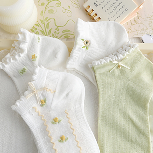 蝴蝶结浅绿色袜子女短袜春夏季 可爱卡通花边刺绣小花女袜 棉袜薄款