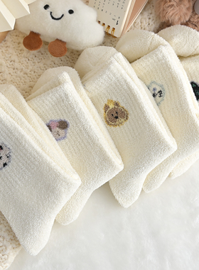 加绒袜子女秋冬季加厚款保暖白色棉袜可爱卡通学生袜中筒袜长袜