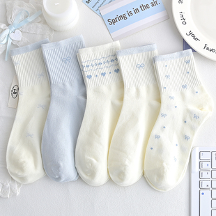 蓝色袜子女中筒袜秋冬纯棉甜美蝴蝶结运动学生袜2025新款ins潮