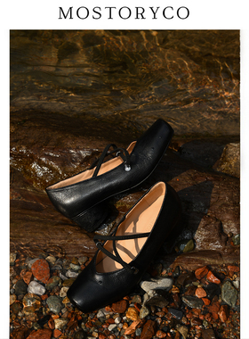 Mostoryco|法产羊皮方头粗跟芭蕾鞋女复古猪鼻子浅口单鞋女四季鞋