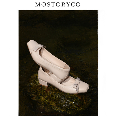 猪鼻子蝴蝶结全皮粗跟单鞋