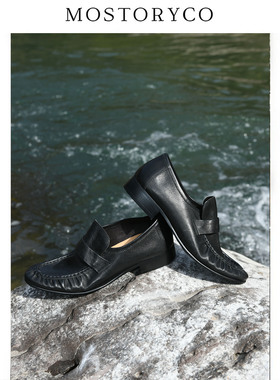 Mostoryco|真皮复古褶皱乐福鞋女新款百搭厚底英伦风小皮鞋单鞋