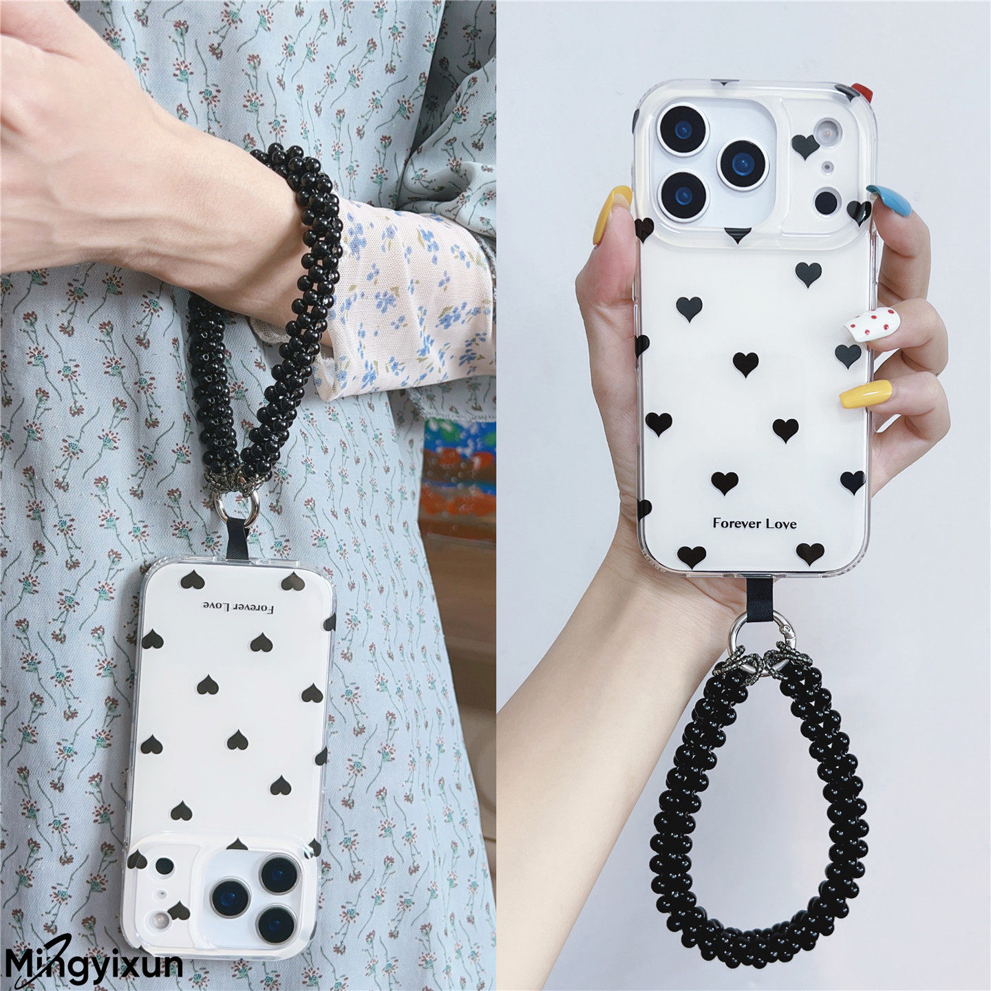 韩系手拎字母小爱心适用iphone17promax创意16pm串珠挂绳手腕苹果15pro手机壳14防摔13小众高级感女款保护套