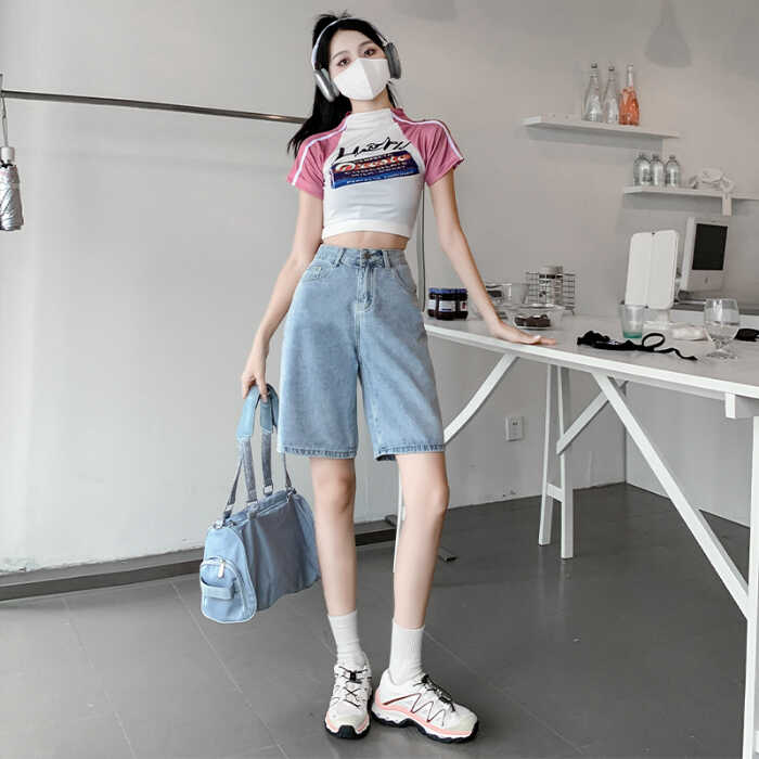 复古蓝牛仔短裤女2025年夏季新款小个子直筒宽松设计感高腰五分裤