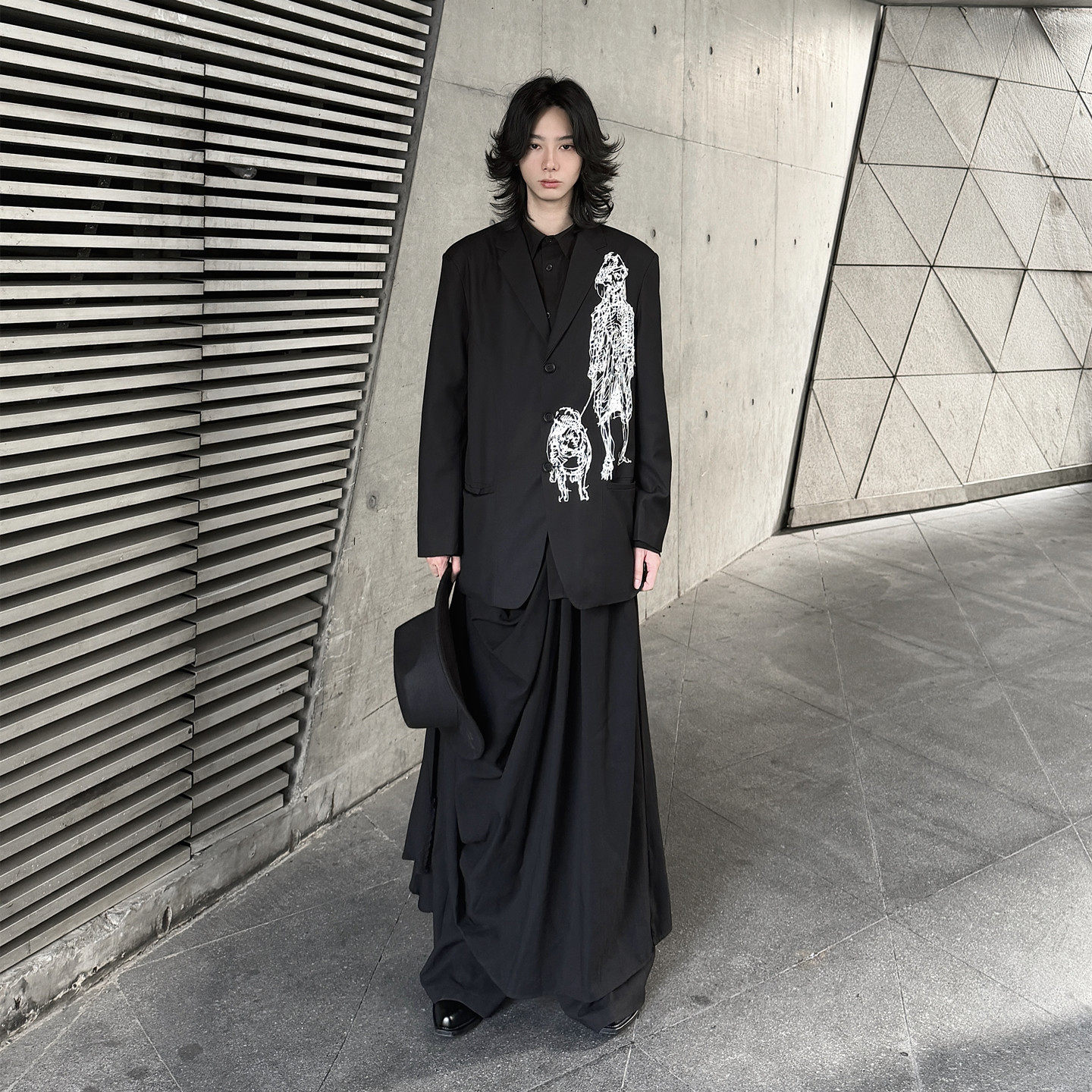 BLACKPOET 休闲西装男牵狗个性印花时髦单西春秋黑色西服