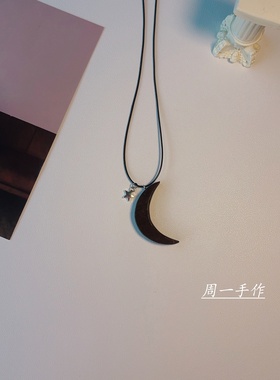 手作天然黑檀木月亮中式项链女