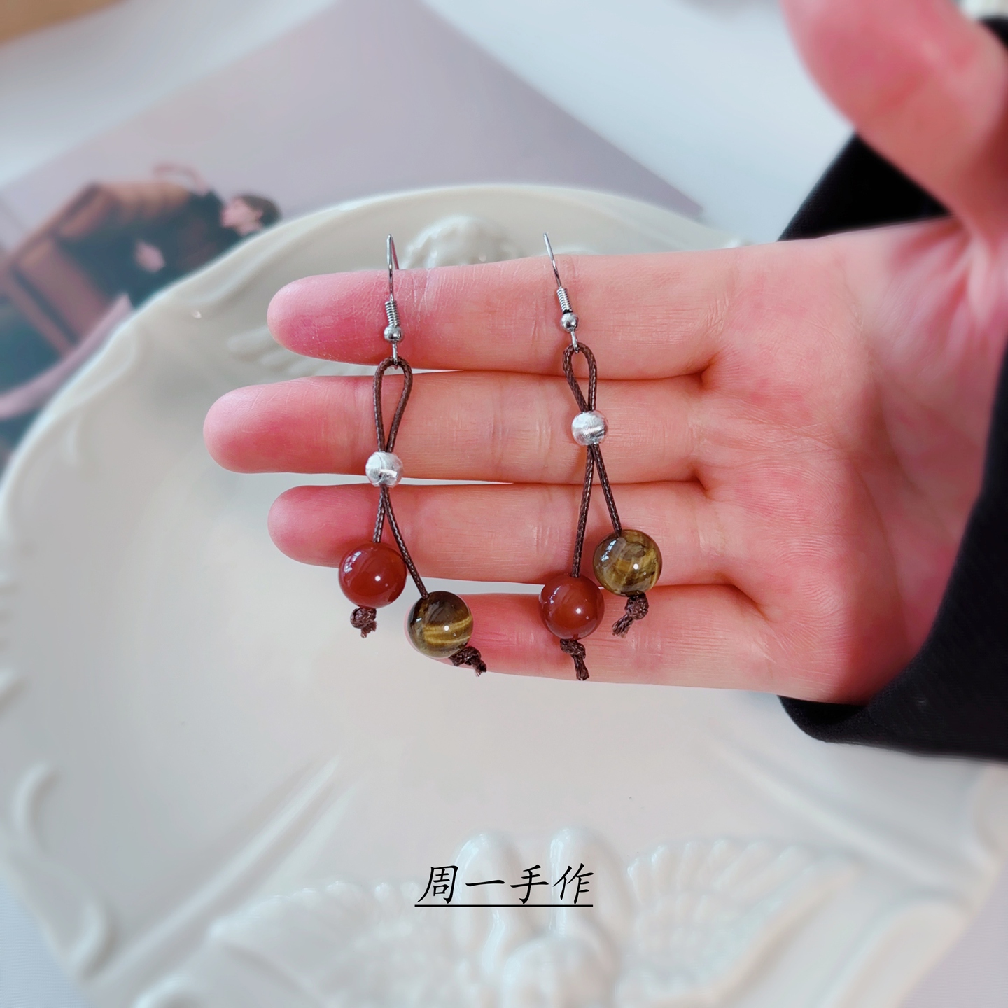 原创高端天然真品虎眼石南红珍珠双吊坠耳环新中式古风长款耳挂潮