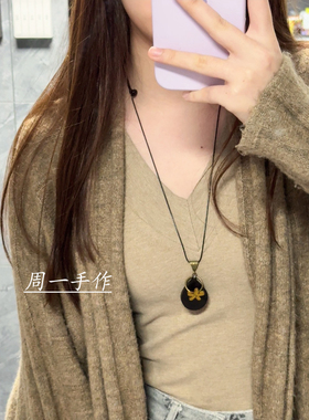 原创手工黑檀木水滴小花吊坠皮绳项链长款民族风真品高端毛衣链女