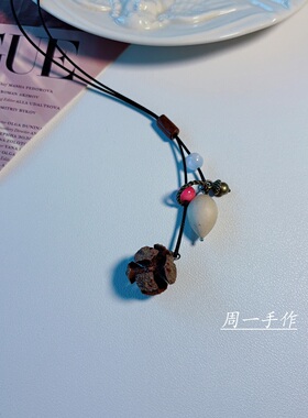 夏日度假旅游天然植物果实流苏吊坠长款皮绳项链新中式国风颈链女