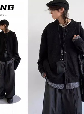 秋日系复古黑色假两件卫衣男女文艺风宽松开衫中性上衣针织衫潮