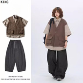 情侣套装 两件装 夏季 学院风工装 单件日系拼接假两件马甲短袖 衬衫