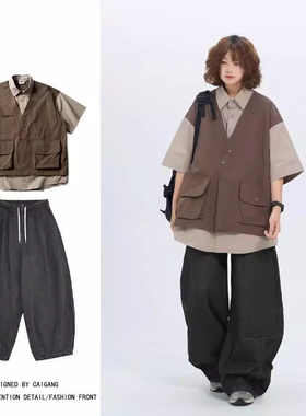 两件装/单件日系拼接假两件马甲短袖衬衫夏季学院风工装情侣套装