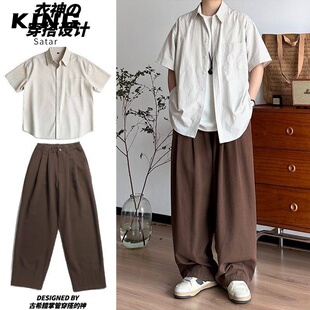 两件装/春夏季日系复古竖条纹短袖衬衫中性宽松休闲翻领衬衣套装