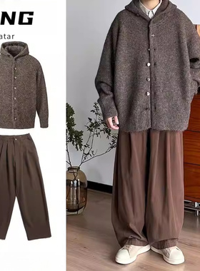 两件装/日系复古连帽毛衣开衫加厚宽松秋冬休闲慵懒风针织衫套装