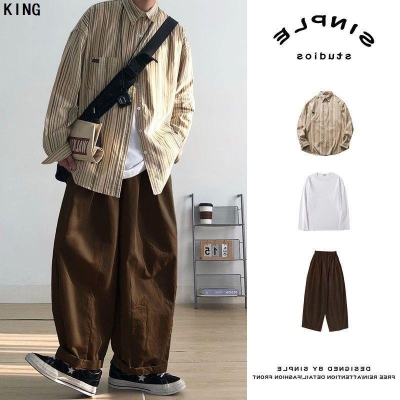 三件套/单件日系CityBoy复古长袖条纹衬衫男女阔腿工装裤秋冬套装