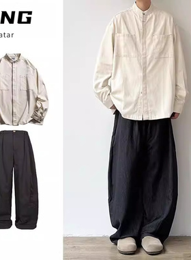 两件装/春秋日系小立领简约通勤纯色长袖衬衫休闲老钱风衬衣套装