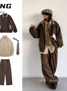 四件装/秋季日系复古格子外套男女生学院风拼接刺绣夹克休闲套装