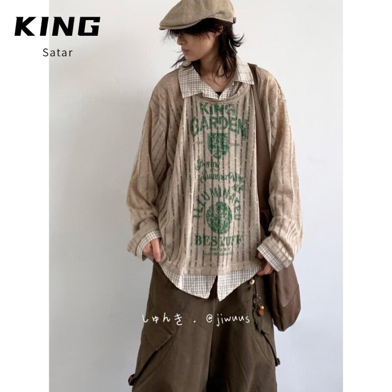 NERUM美式复古假两件短袖T恤女夏季学院风宽松POLO领小众罩衫