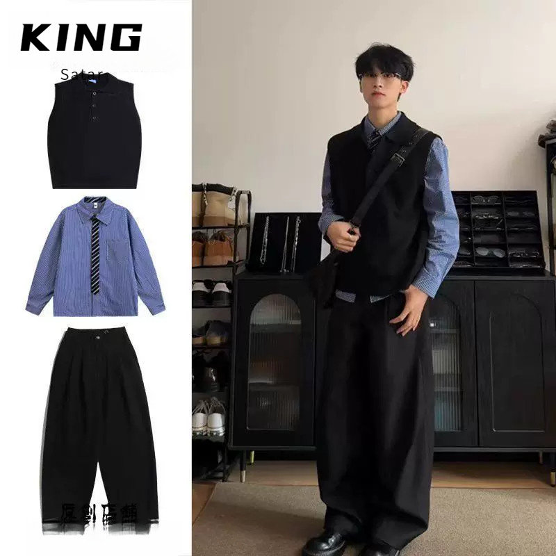 三件装/日系复古翻领针织马甲背心男女叠穿秋季百搭无袖毛衣马夹