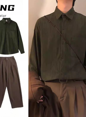 两件装/美式复古宽松学院风休闲简约纯色百搭春秋季长袖衬衫套装