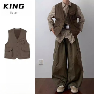 山系户外多口袋工装 叠穿背心男女潮 马甲日系复古阿美咔叽宽松工装