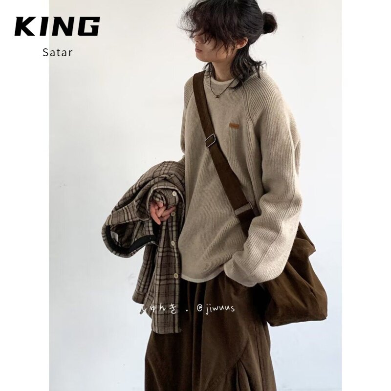 秋冬季日系复古圆领宽松针织衫男女学院风百搭假两件撞色套头毛衣