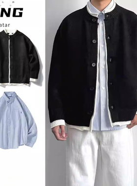 两件装/秋冬美式黑色假两件圆领开衫毛衣休闲男生纽扣针织衫套装