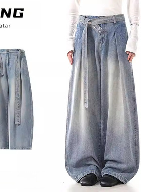 美式复古宽松直筒简约牛仔裤腰带设计cleanfit休闲裤情侣阔腿裤潮