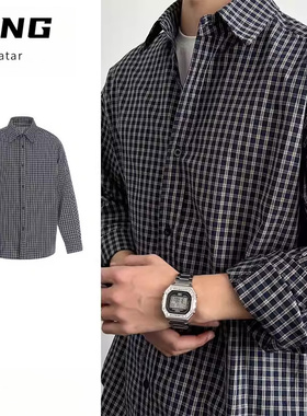 日系复古格纹翻领衬衫男少年感长袖春秋季百搭宽松休闲衬衣外套潮