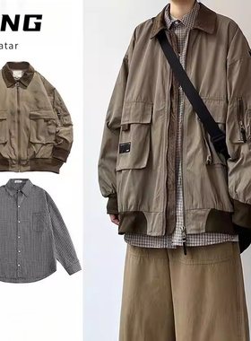 两件装/日系复古休闲宽松多口袋夹克男春秋季vintage撞色工装套装