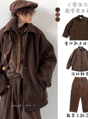 冬季日系穿搭整套美拉德复古单排扣呢子大衣男宽松插肩袖毛呢外套