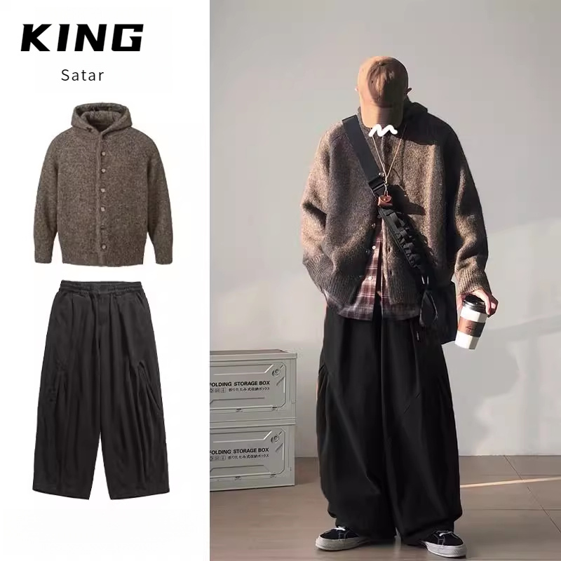 两件装/单件日系复古纯色连帽毛衣男宽松开衫针织衫外套秋冬套装