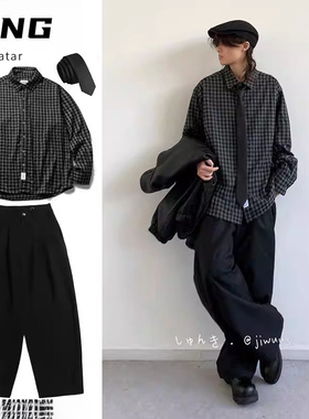 三件装/日系复古黑色格纹翻领衬衫男女学生春秋季百搭中性风套装