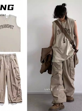 两件装/日系复古印花无袖汗背心男女夏季宽松运动美式工装TEE套装