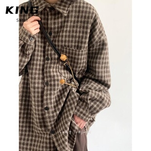 日系原创胸针宽松格子衬衫 男装 休闲衬衣外穿 新款 2026秋季