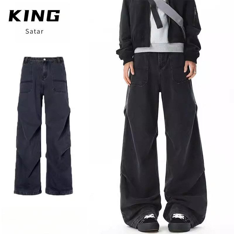 美式复古褶皱水洗做旧直筒牛仔裤男学生宽松百搭阔腿工装长裤潮牌,男装,牛仔裤,淘宝优惠券,粉丝福利购,淘宝优惠卷