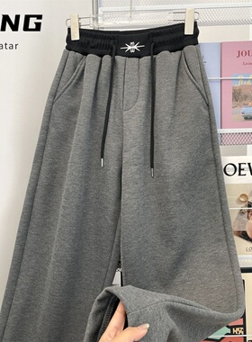 2025新款加绒加厚运动裤女冬季舞蹈宽松高腰显瘦抽绳直筒阔腿卫裤