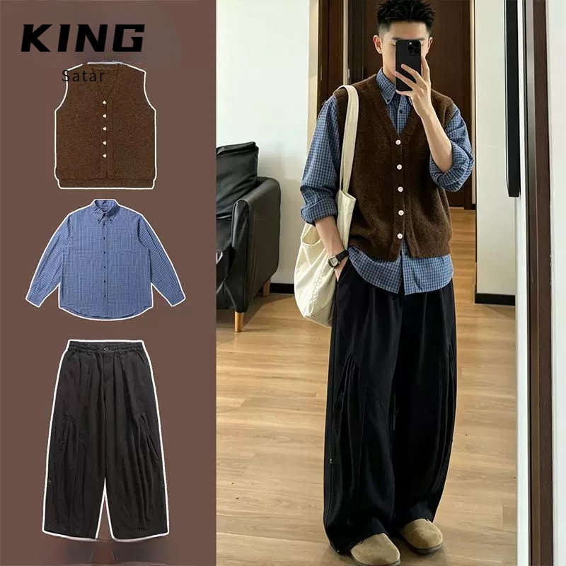 三件装/秋冬日系复古咖色针织纽扣马甲长袖衬衫男生开衫叠穿套装