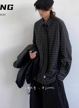 日系复古黑色格纹翻领衬衫男女学生春秋季百搭中性风长袖宽松上衣