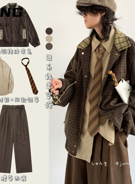 春秋日系复古穿搭整套格子外套男女生学院风拼接刺绣宽松休闲夹克