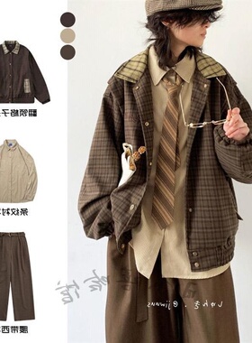 春秋日系复古穿搭整套格子外套男女生学院风拼接刺绣宽松休闲夹克