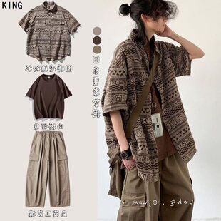 夏季新款日系复古穿搭整套设计古着感短袖衬衫男女生休闲衬衣外套