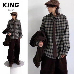 春日系复古格纹长袖 男女生学院风cityboy宽松中性休闲衬衣潮 衬衫