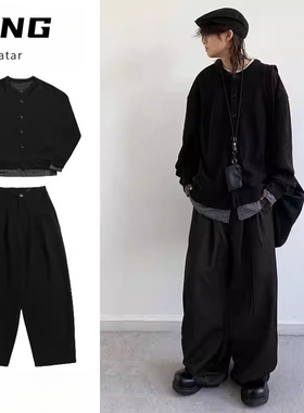 日系复古黑色假两件卫衣男女学院风宽松开衫中性上衣针织衫套装
