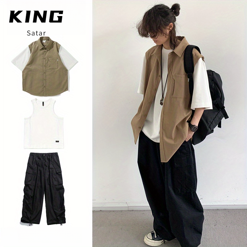 三件装/单件日系街头假两件工装衬衫男复古宽松短袖衬衣夏季套装