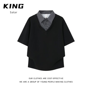 T恤男休闲宽松POLO衫 WAUPKOI联名夏季 上衣短袖 假两件衬衫 新款