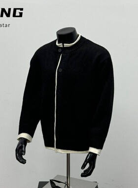 2026年春季新款美式潮牌圆领开衫简约撞色针织衫假两件毛衣男黑色