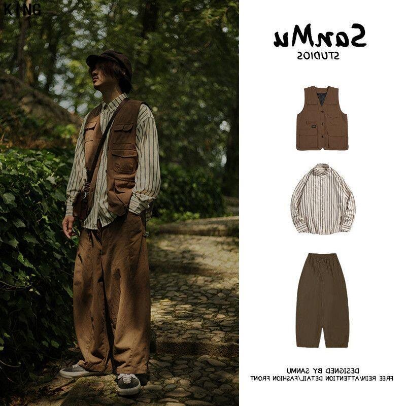 三件套/单件日系复古多口袋工装马甲男叠穿休闲潮牌坎肩秋季套装