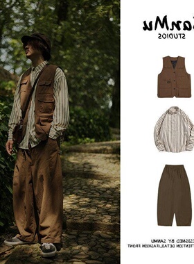 三件套/单件日系复古多口袋工装马甲男叠穿休闲潮牌坎肩秋季套装